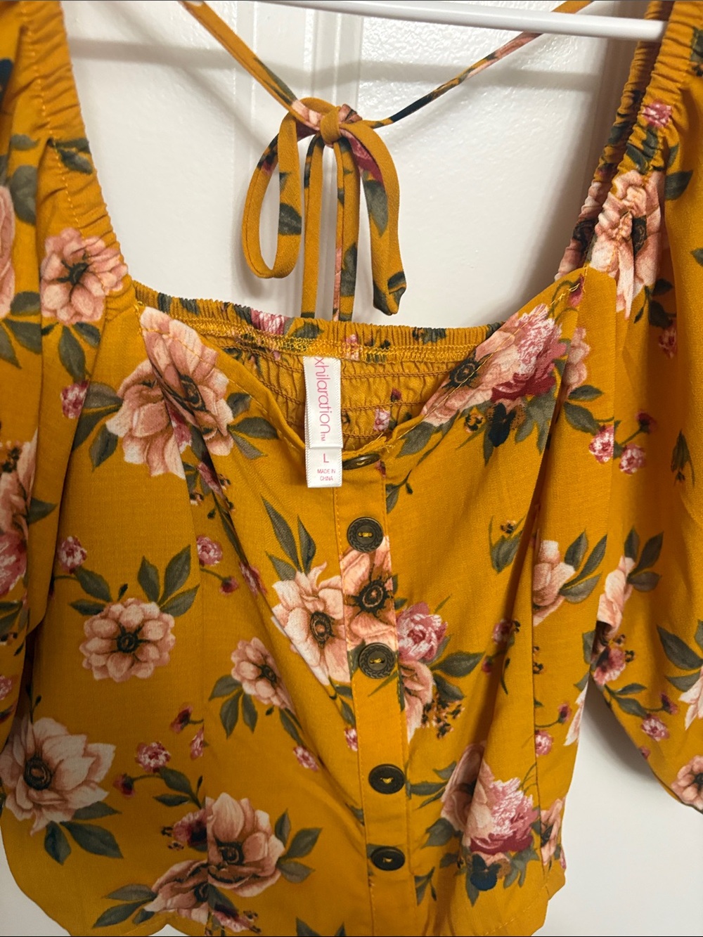 Xhilaration Mustard Floral Button-Front Blouse with Tie Back